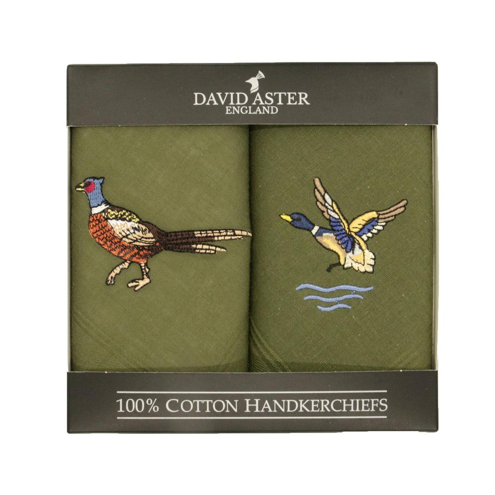 Pheasant & Duck Embroidered Green Handkerchief-Gamefish
