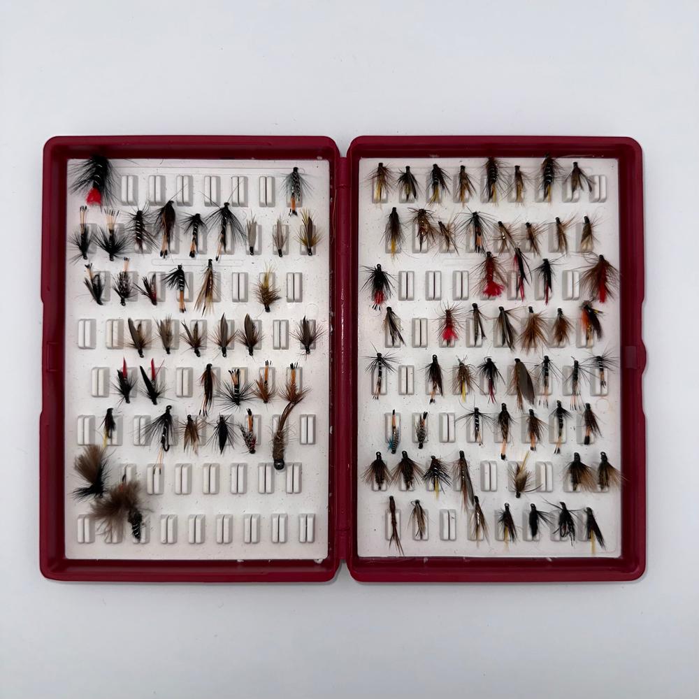 Collection of 94 Trout flies on a Fox Fly Box-Gamefish