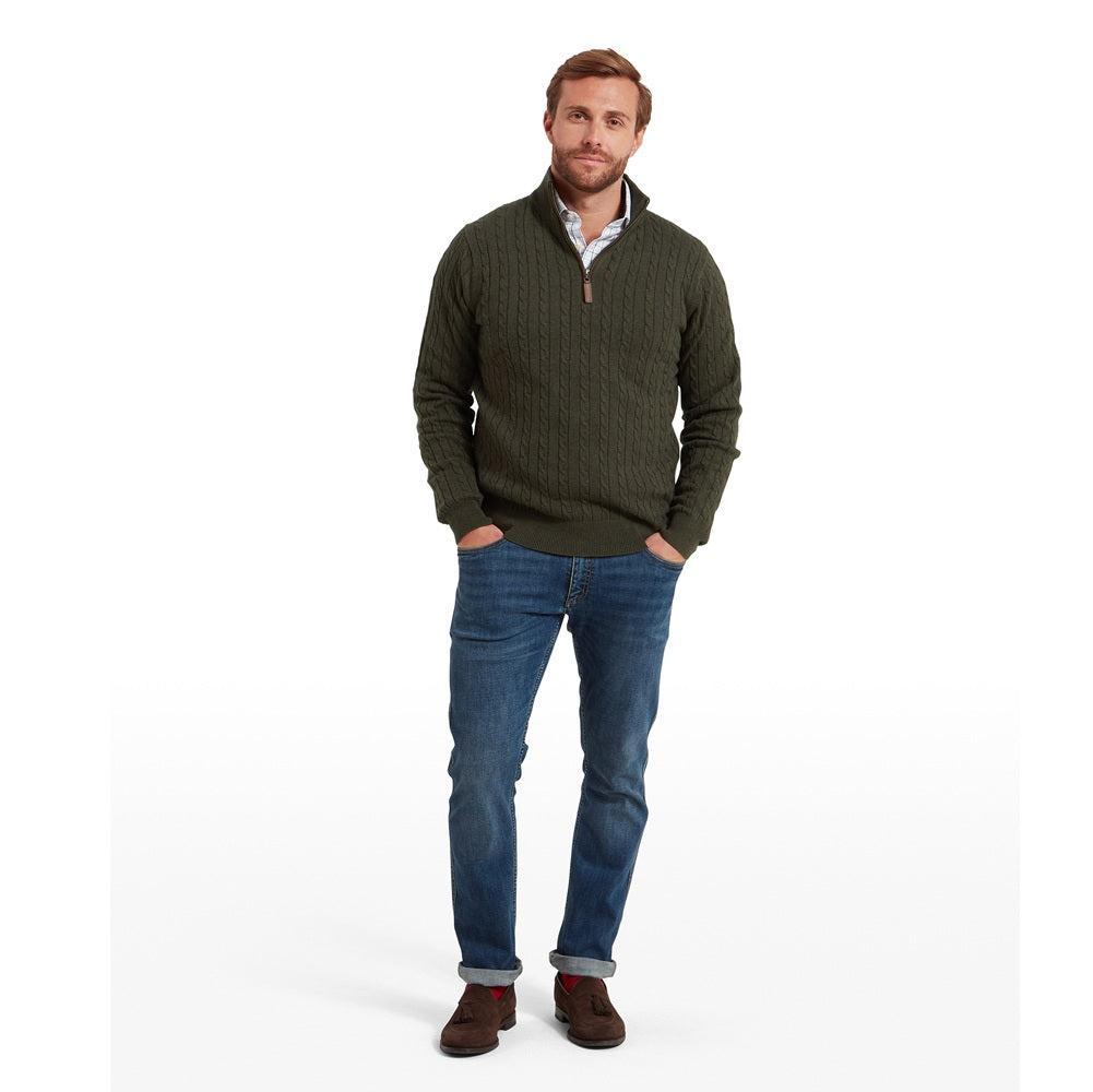 Schoffel Calton Cotton Cashmere Cable Quarter Zip Jumper - Loden Green-Gamefish