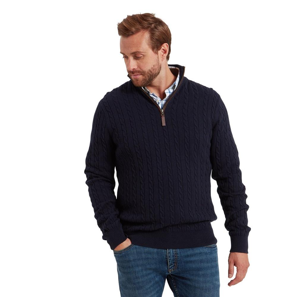 Schoffel Calton Cotton Cashmere Cable Quarter Zip Jumper - Navy-Gamefish