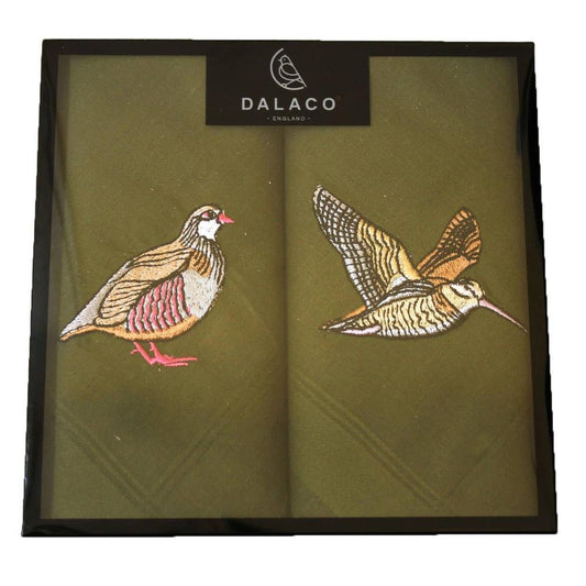 Woodcock & Partridge Embroidered Green Handkerchiefs-Gamefish