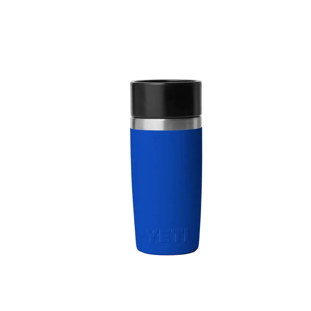 Blue YETI mug with black lid on a white background